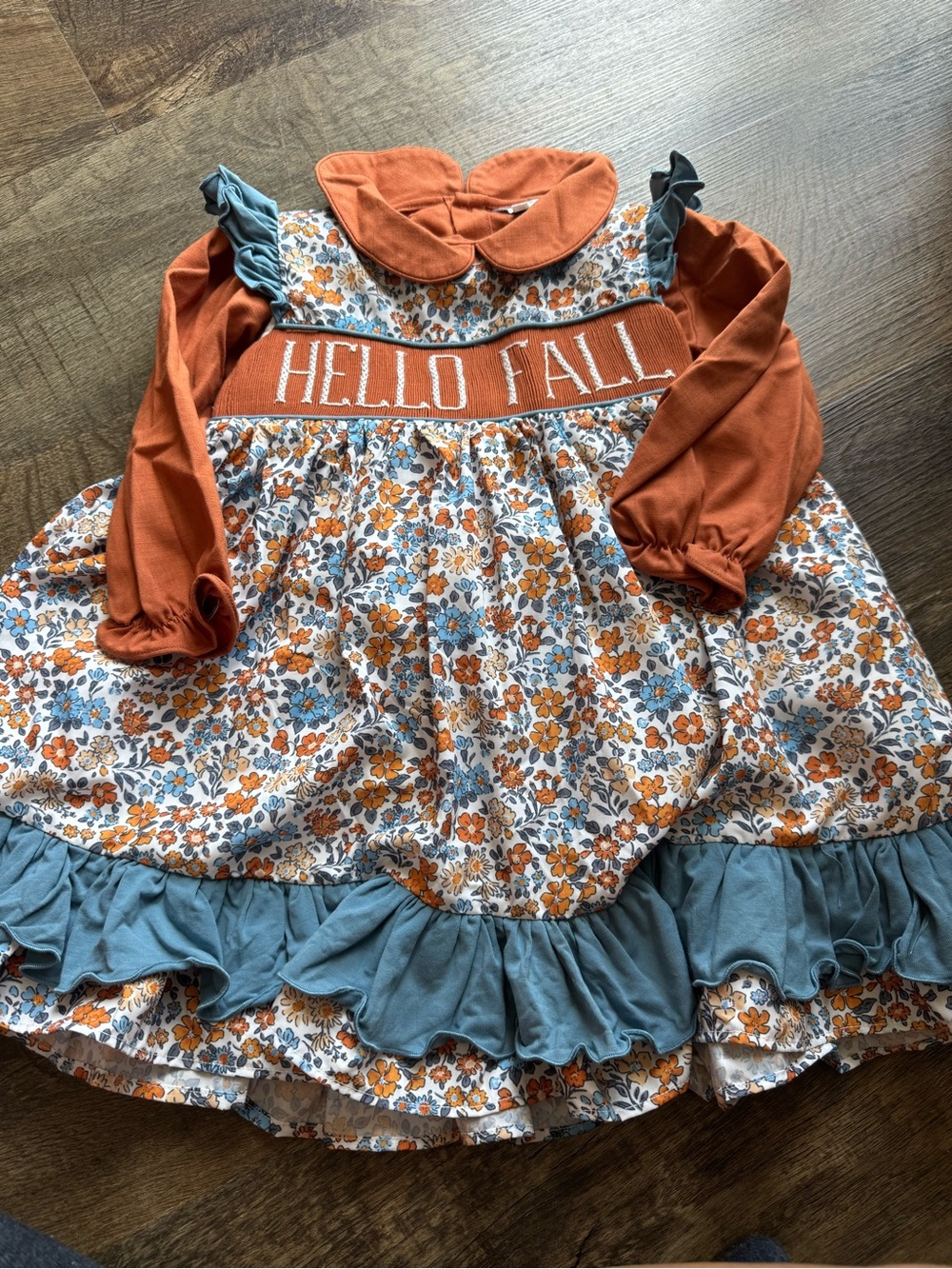 Girls' Pumpkin Orange Floral Ruffle Dress with Blue Trim
